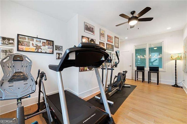 exercise room featuring wood-type flooring and ceiling fan