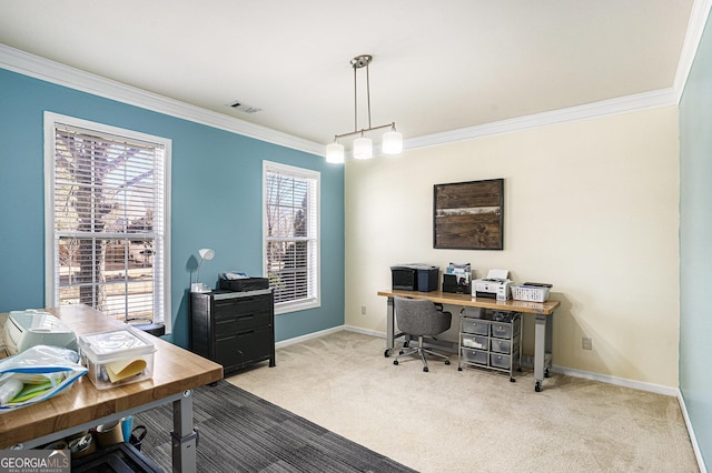 carpeted home office featuring crown molding