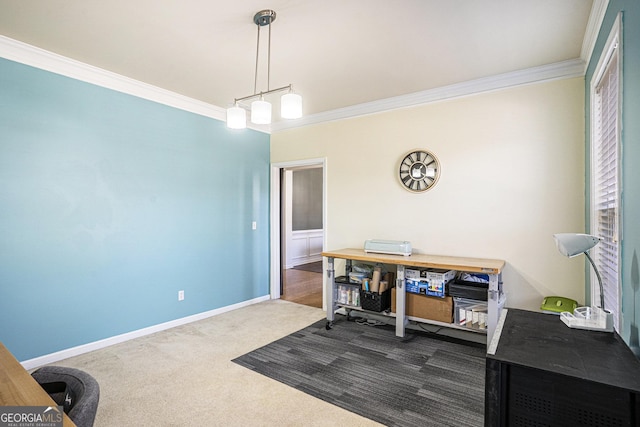 home office with crown molding and carpet flooring