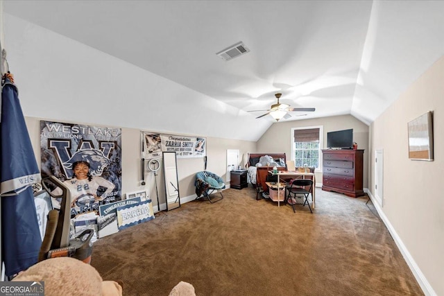 interior space featuring ceiling fan, lofted ceiling, and carpet floors