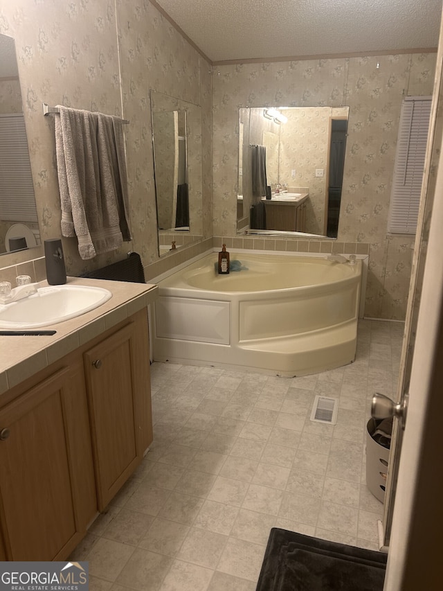 bathroom with vanity, a bathing tub, and a textured ceiling