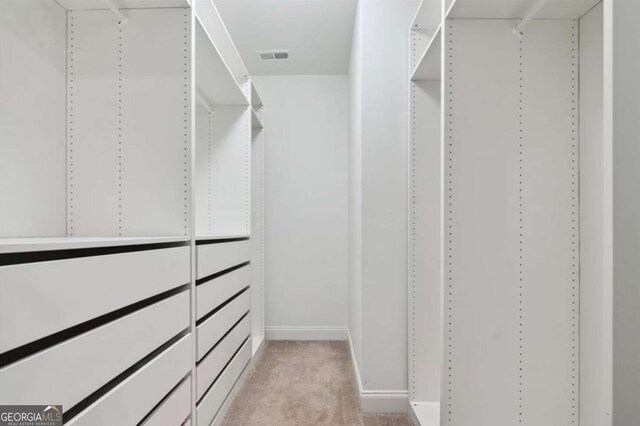 spacious closet featuring light carpet