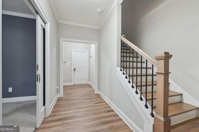 stairs featuring ornamental molding and wood-type flooring