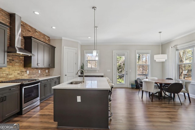 kitchen featuring stainless steel gas stove, a sink, dark wood-style floors, wall chimney exhaust hood, and light countertops