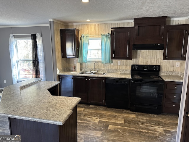 kitchen featuring dark hardwood / wood-style floors, sink, black appliances, and plenty of natural light