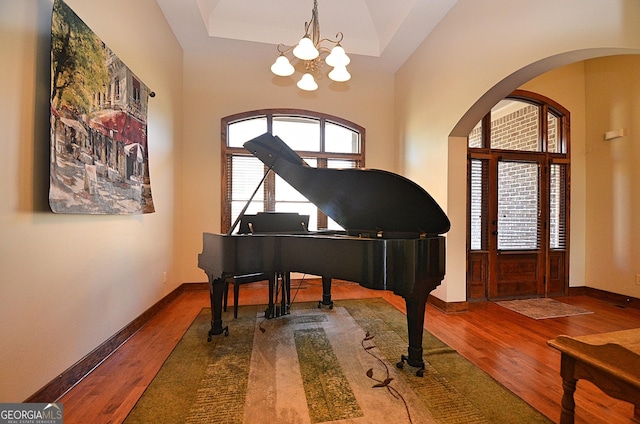 miscellaneous room featuring hardwood / wood-style flooring, a towering ceiling, a chandelier, and a raised ceiling