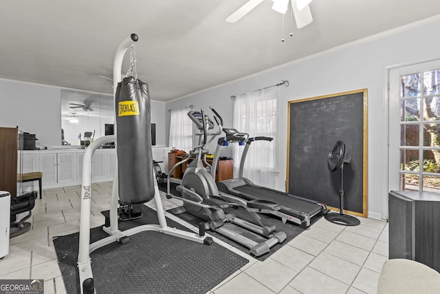 workout area with ornamental molding, a wealth of natural light, and ceiling fan