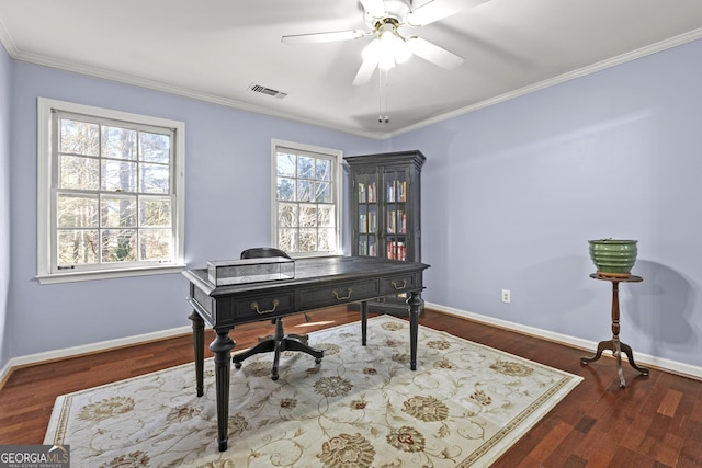 office featuring dark hardwood / wood-style flooring, ornamental molding, and ceiling fan