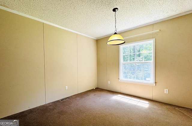 carpeted empty room with crown molding and a textured ceiling