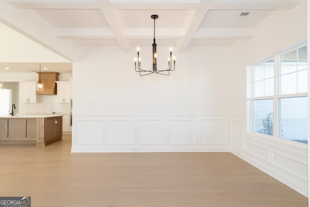 184 Grove Park Unit 11, Senoia, GA 30276 - unfurnished dining area with a chandelier, beamed ceiling, light wood-style floors, coffered ceiling, and wainscoting
