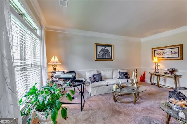 carpeted living room featuring crown molding