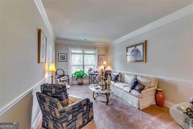 carpeted living room with crown molding