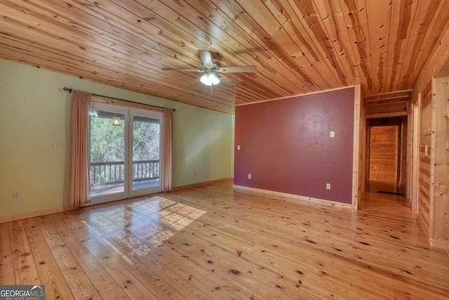 empty room with ceiling fan, wood ceiling, and light hardwood / wood-style flooring