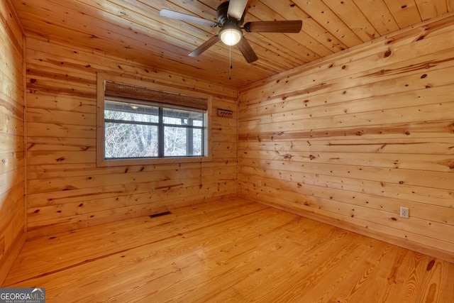 spare room featuring light wood-type flooring, ceiling fan, wood walls, and wood ceiling