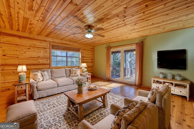 living room with ceiling fan, wooden ceiling, and light hardwood / wood-style floors