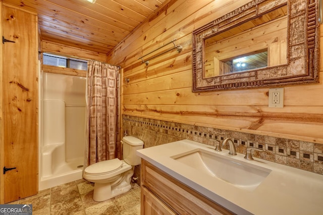 bathroom with a shower with shower curtain, wood walls, toilet, and wood ceiling