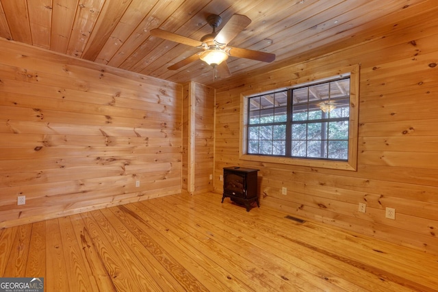 spare room featuring a wood stove, ceiling fan, wooden walls, wood ceiling, and light wood-type flooring