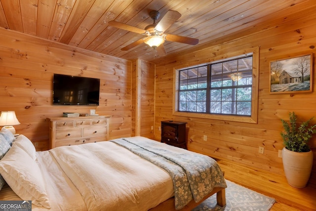 bedroom featuring ceiling fan, wooden walls, and wood ceiling