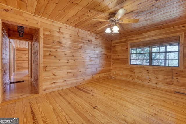 empty room featuring wooden walls, light hardwood / wood-style flooring, ceiling fan, and wooden ceiling