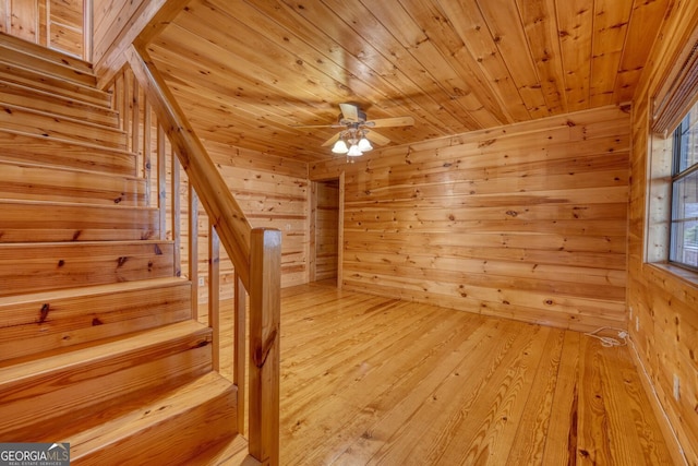 bonus room with ceiling fan, wood-type flooring, wooden ceiling, and wooden walls