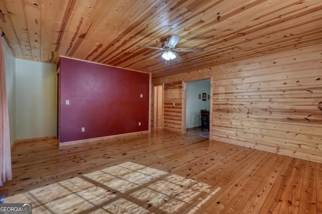 unfurnished room with ceiling fan, light wood-type flooring, and wooden ceiling