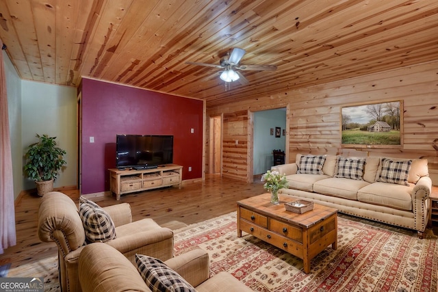 living room featuring light hardwood / wood-style flooring, ceiling fan, and wooden ceiling