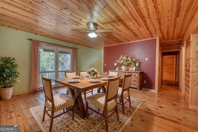 dining area featuring light wood-type flooring, ceiling fan, and wood ceiling