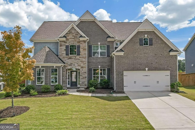 view of front facade featuring a front lawn and a garage