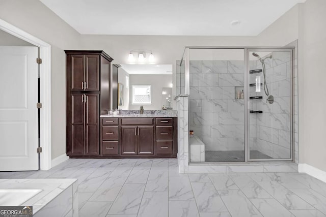 bathroom featuring shower with separate bathtub and vanity