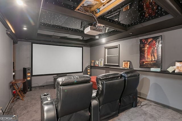 cinema featuring light carpet and crown molding