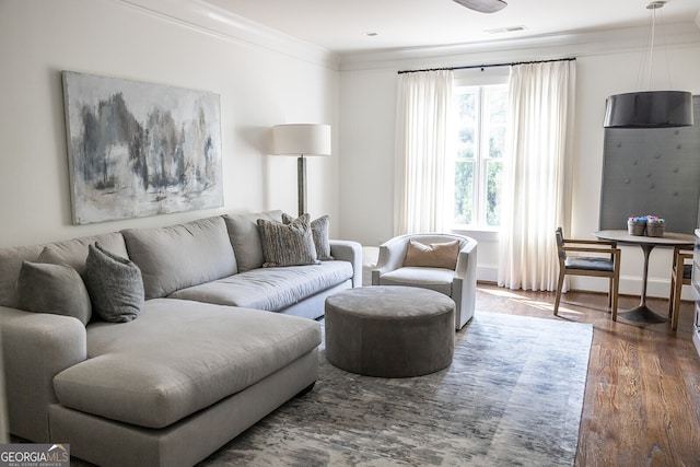 living room with ornamental molding, dark hardwood / wood-style floors, and a wealth of natural light