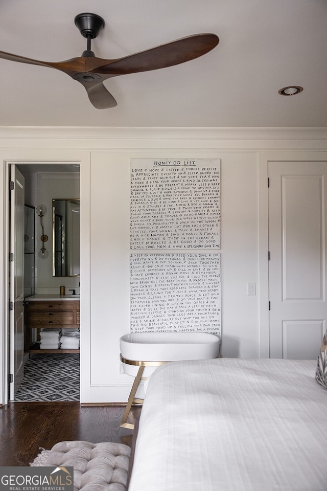 bedroom featuring dark wood-type flooring and ceiling fan