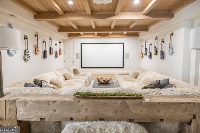 home theater with beam ceiling and wood ceiling