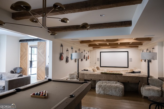 playroom featuring hardwood / wood-style floors, pool table, and beamed ceiling