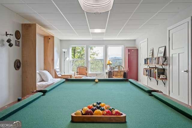 playroom with a paneled ceiling, carpet flooring, and billiards