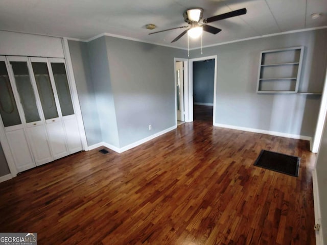 interior space featuring ceiling fan, built in features, and dark hardwood / wood-style floors