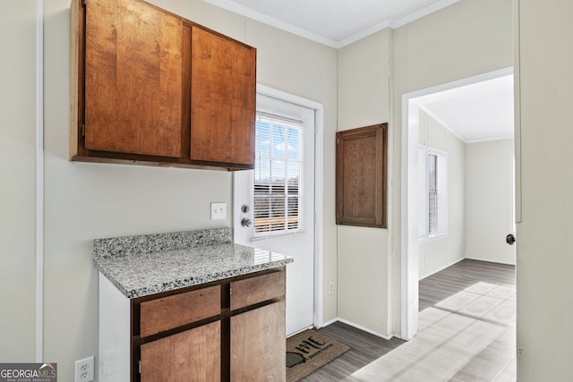 kitchen with light stone countertops, ornamental molding, and dark hardwood / wood-style flooring