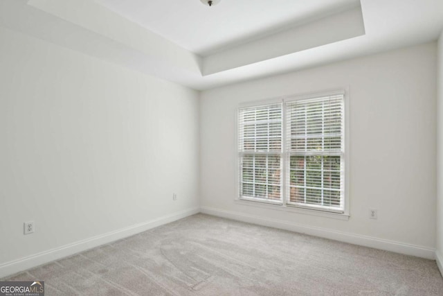 carpeted empty room with a raised ceiling