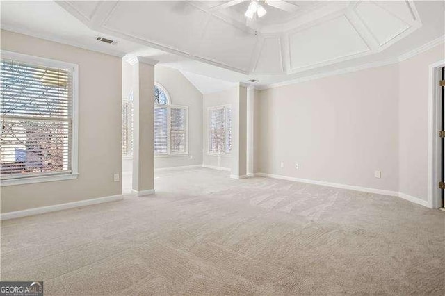 unfurnished living room featuring ceiling fan, crown molding, light carpet, and coffered ceiling