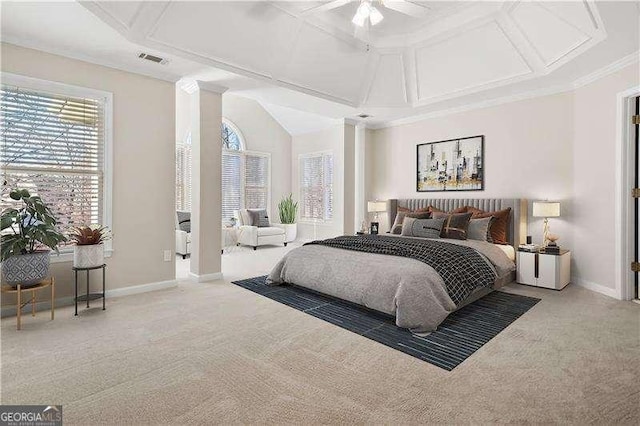 bedroom with carpet floors, ceiling fan, crown molding, and coffered ceiling