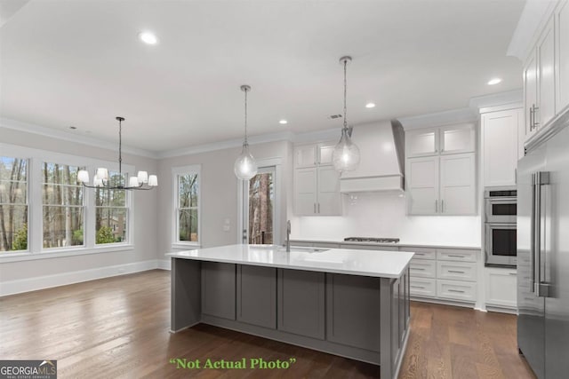 kitchen with dark hardwood / wood-style floors, custom exhaust hood, white cabinetry, a kitchen island with sink, and appliances with stainless steel finishes