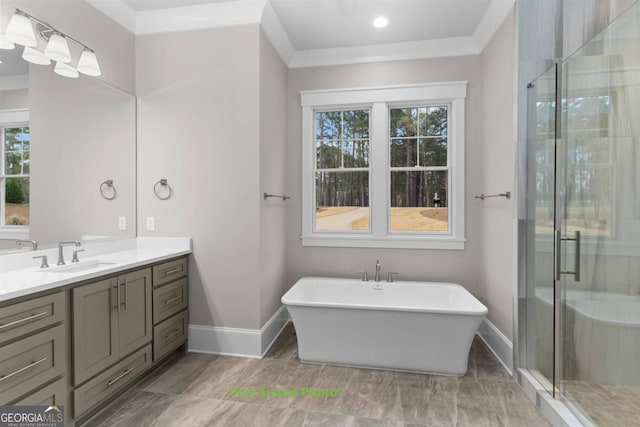 bathroom featuring vanity, independent shower and bath, and ornamental molding