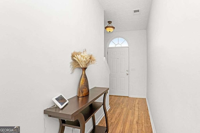 entryway featuring hardwood / wood-style floors and a textured ceiling