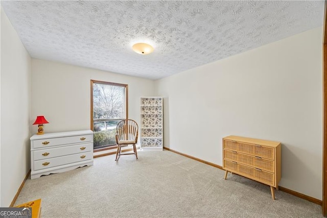 living area with carpet floors and a textured ceiling