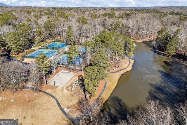 bird's eye view with a water view