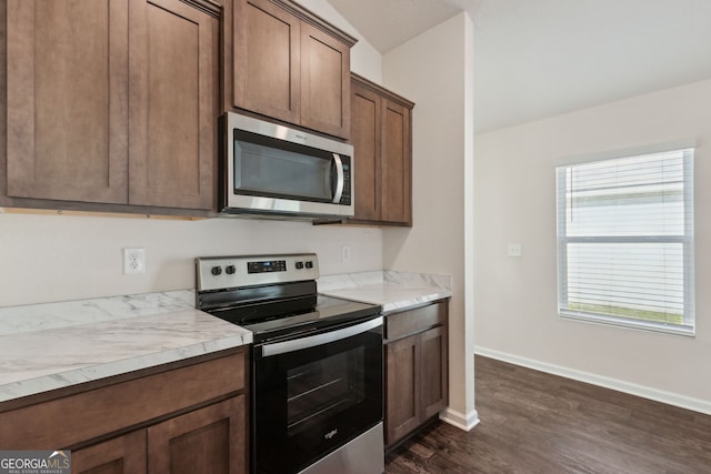 kitchen featuring plenty of natural light, dark hardwood / wood-style flooring, lofted ceiling, and appliances with stainless steel finishes