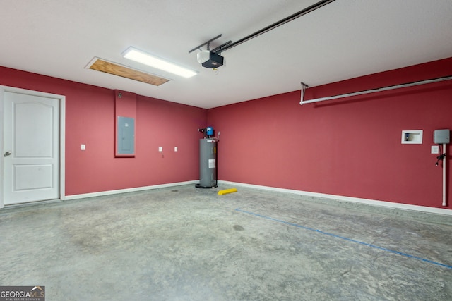 garage featuring electric panel, electric water heater, and a garage door opener