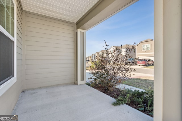 view of patio featuring a garage