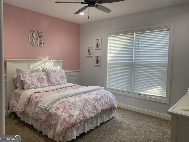 bedroom featuring carpet flooring and ceiling fan