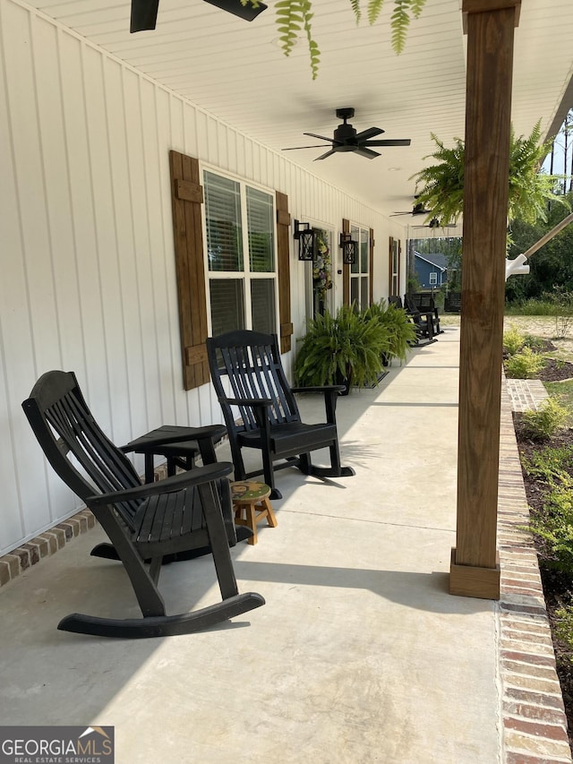 view of patio / terrace with ceiling fan and a porch